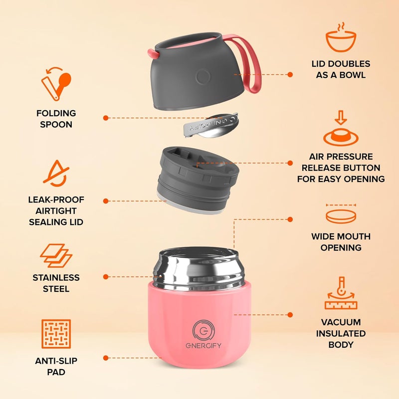 ENERGIFY Vacuum Insulated Food Jar. Large 12oz Bowl incl. Folding Spoon, Cup. Wide Mouth Keep Hot & Cold Drinks Soup thermo Lunch Container for Adults. BPA-Free Stainless Steel, Leak Proof Antique Pink - Image 2